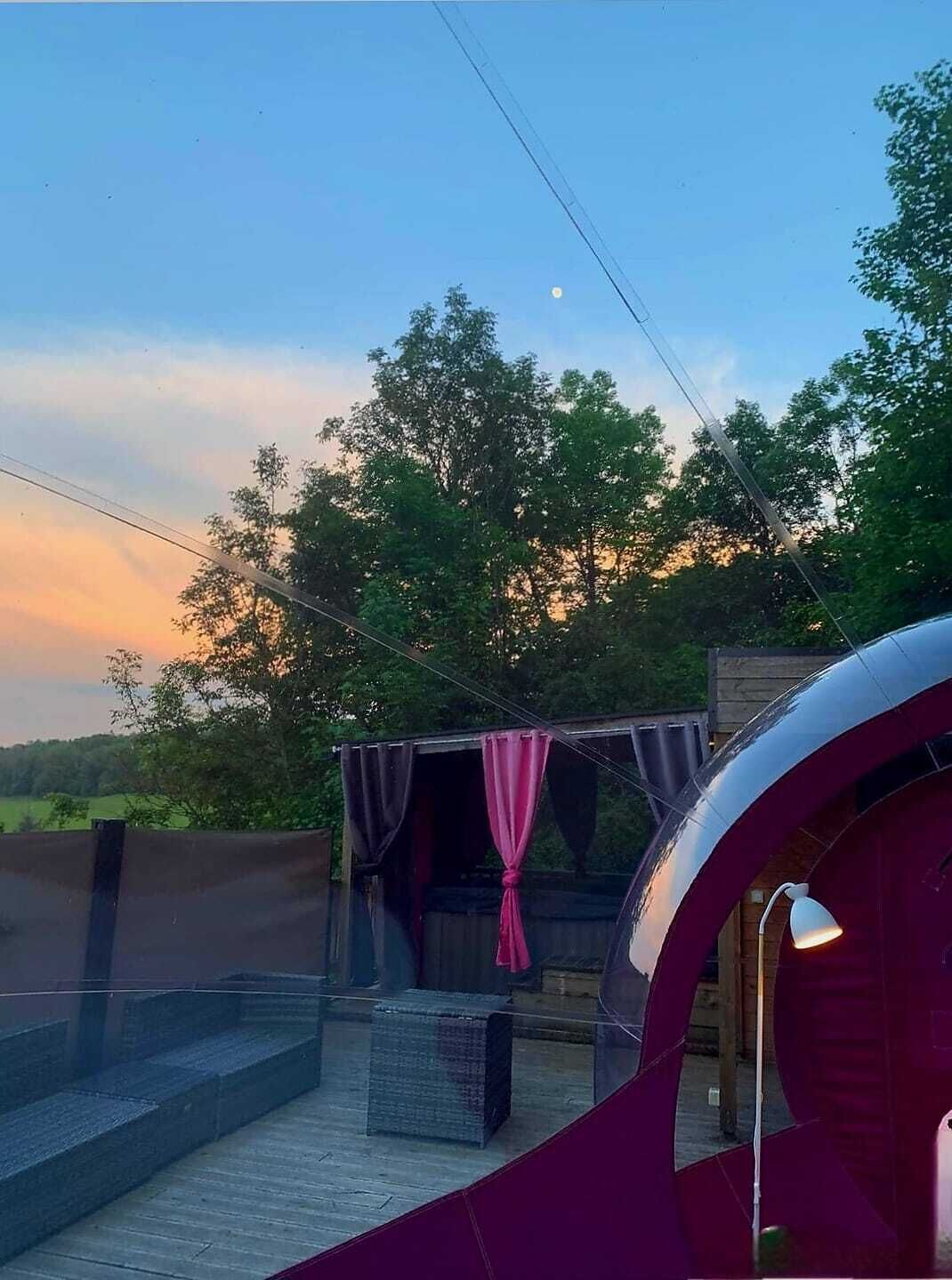 A tent with a view of trees and a clear sky.