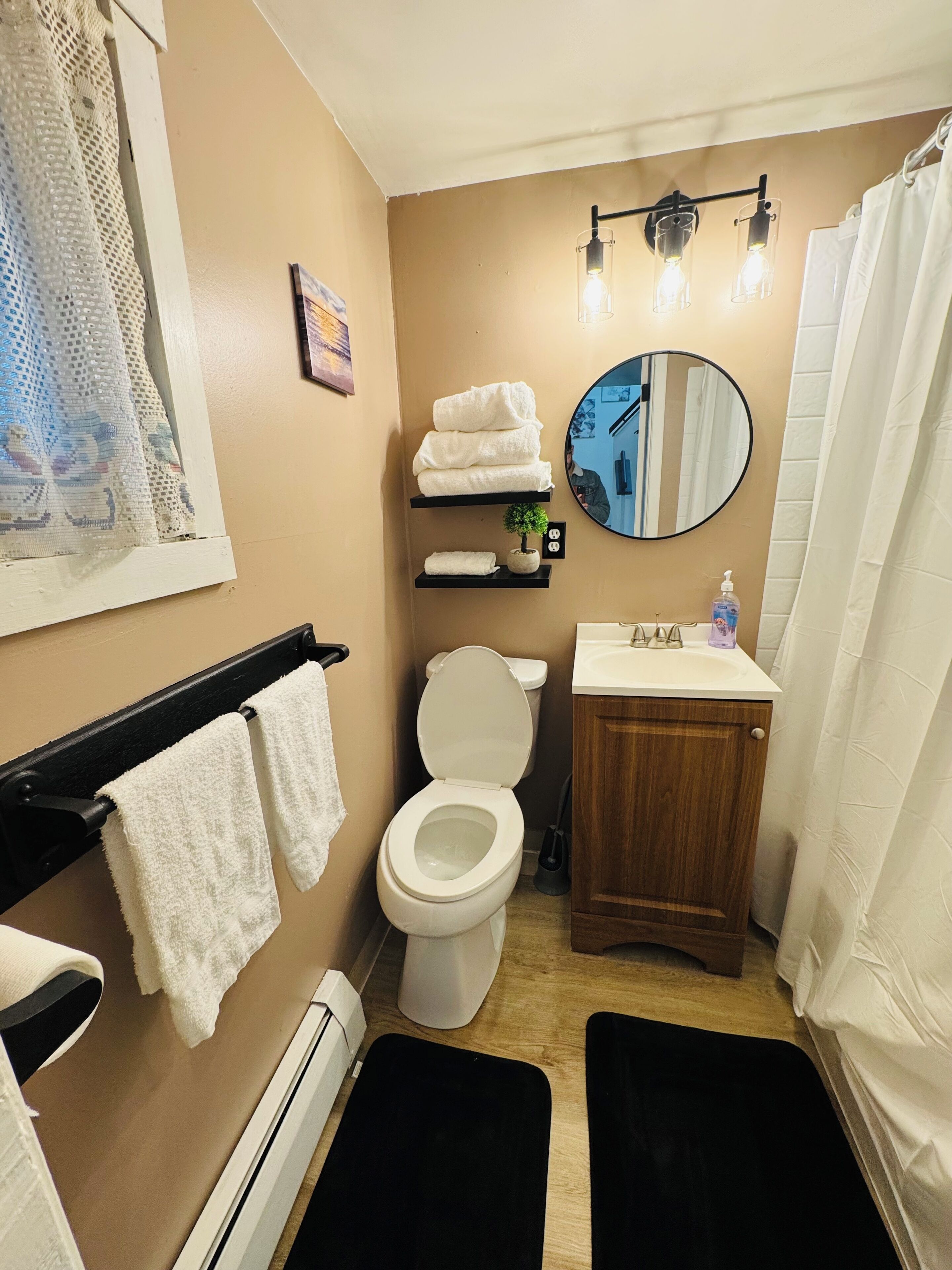 Hair dryer, towels, soap, shampoo