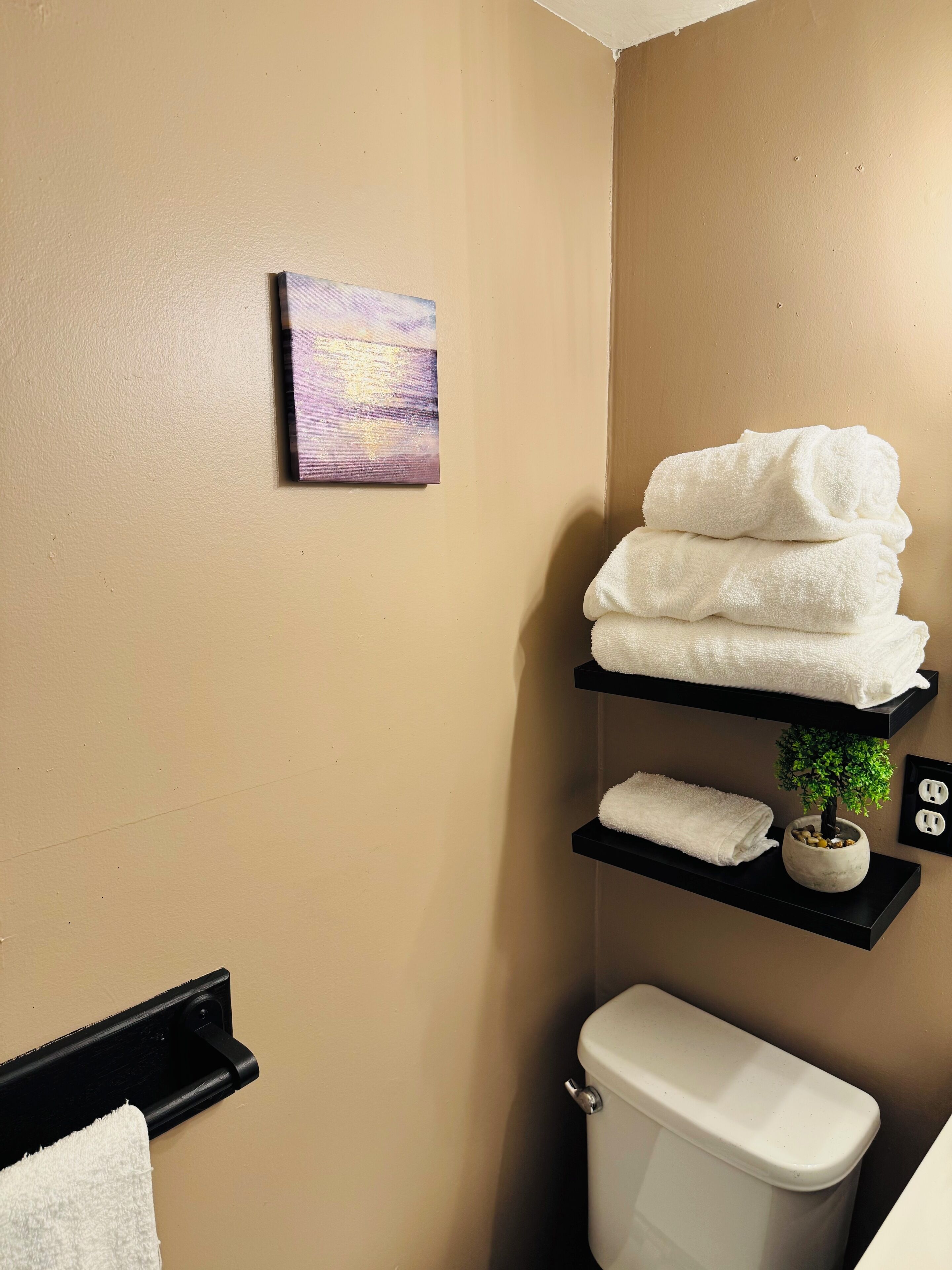 A bathroom with a beige wall, a white toilet, a black towel rack with folded towels, a small potted plant, and a purple painting.