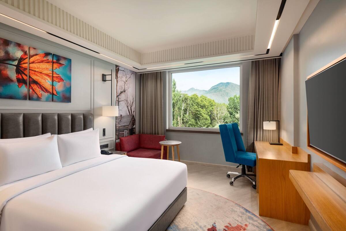 A hotel room with a large bed, a desk, a chair, a small table, and a view of mountains through the window.