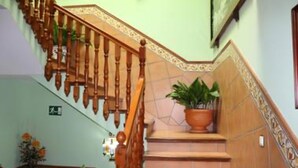 Un escalier en bois avec une rampe, une plante en pot sur le palier et un mur recouvert de carreaux.