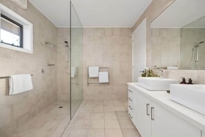 Shower, hair dryer, shampoo
