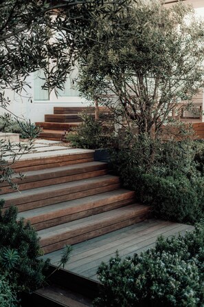 A set of wooden steps leading up to a modern building with a glass facade.
