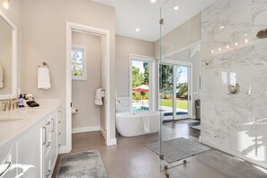 Shower, hair dryer, towels