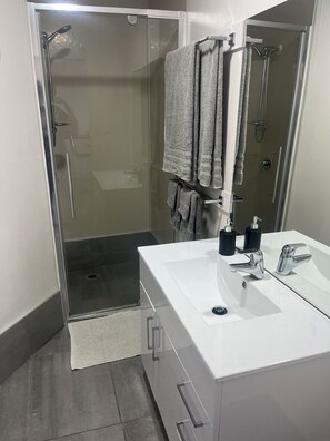 Secadora de cabello, toallas, jabón, papel de baño 