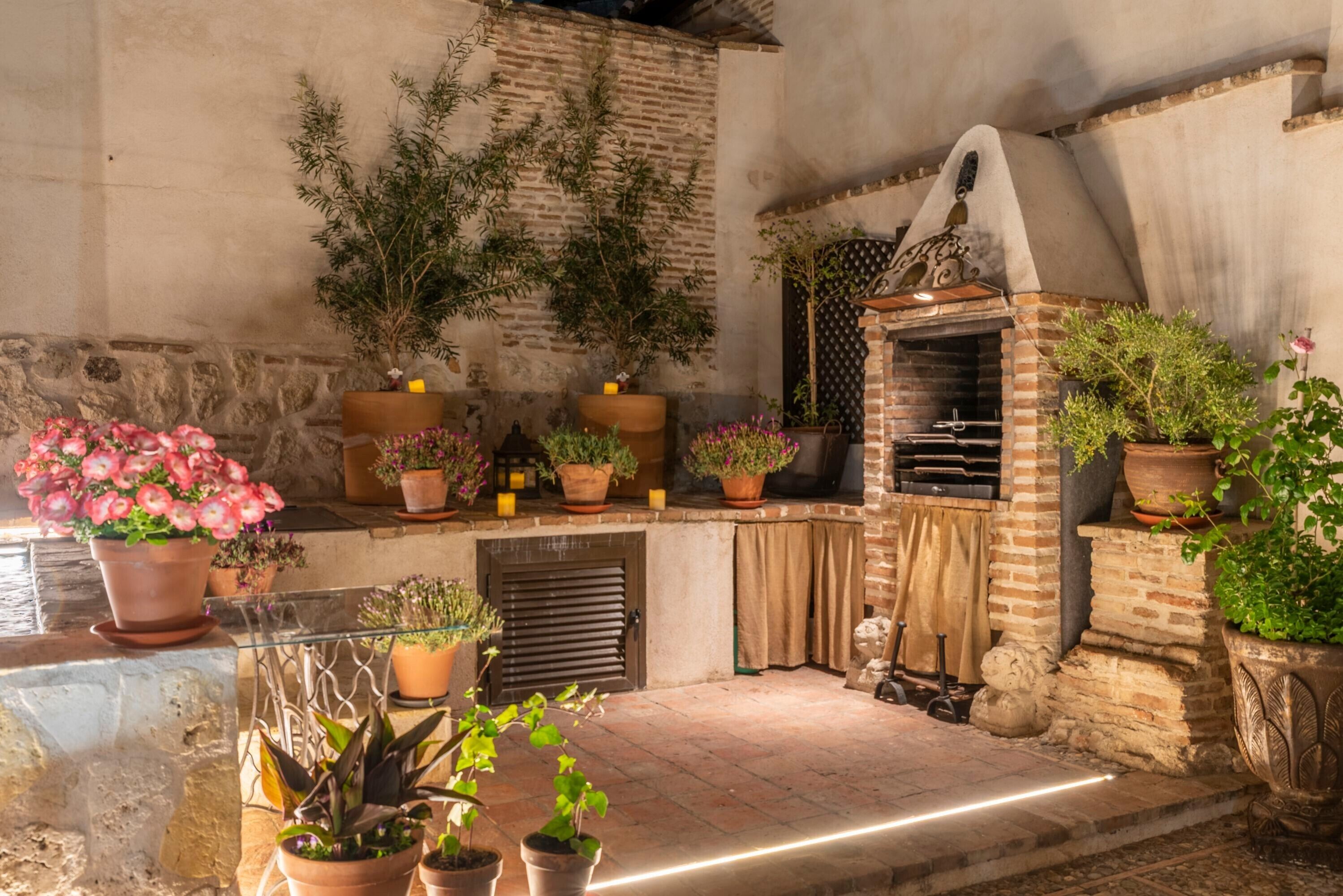 Un espacio exterior rústico con un horno de ladrillo, plantas en macetas y un muro de piedra.