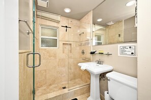 Shower, hair dryer, towels
