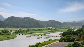 A river with a bridge, lush green hills, and a few buildings in the distance.