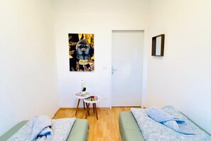 1 bedroom, desk, iron/ironing board, bed sheets