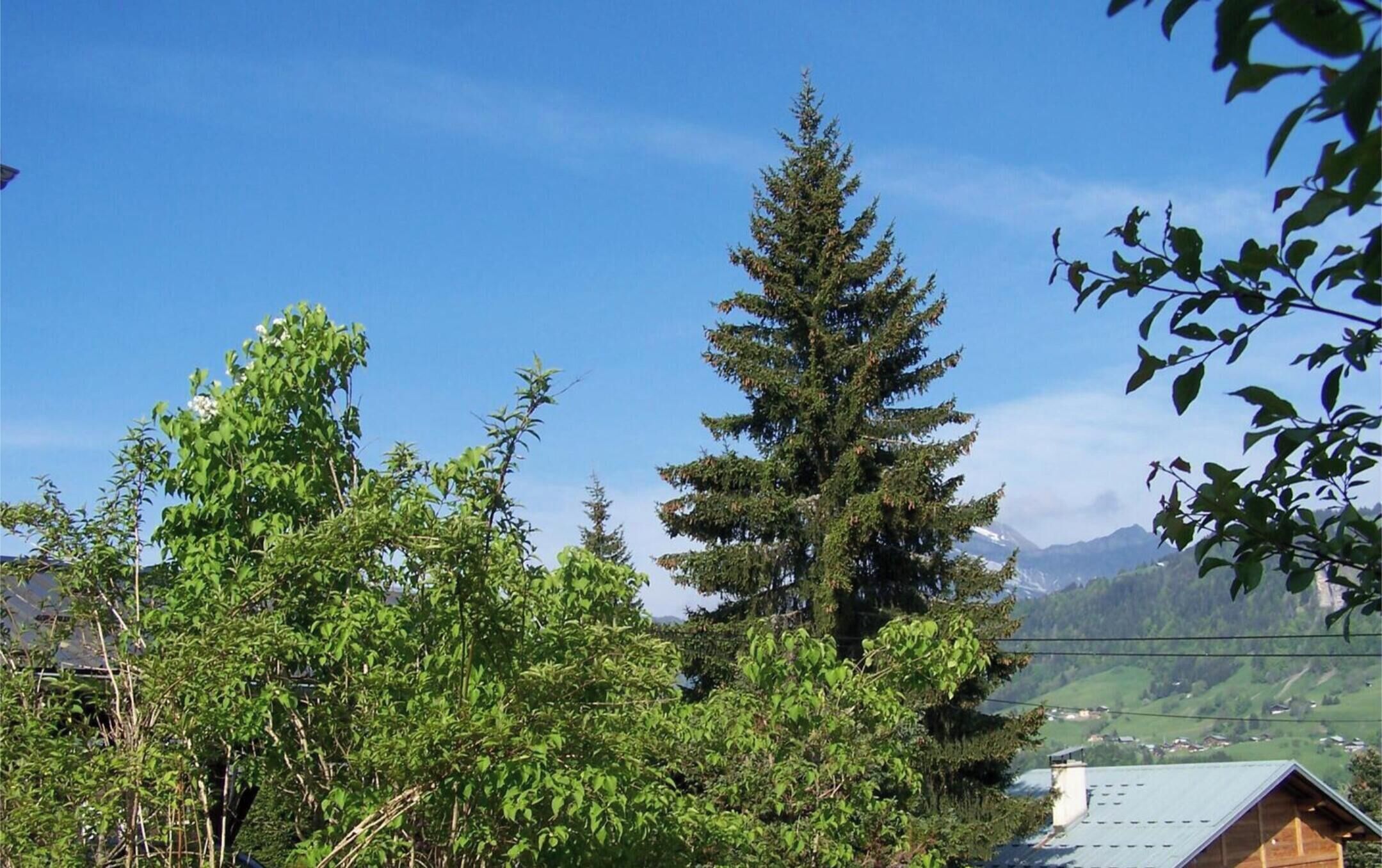 Un paisaje montañoso con una casa y árboles.