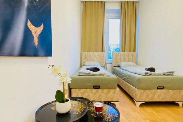 1 bedroom, desk, iron/ironing board, bed sheets