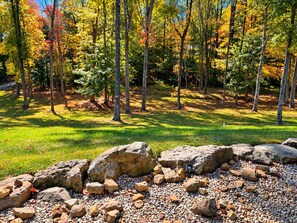 A natural landscape with a grassy area, a rock formation, and trees with autumn foliage.