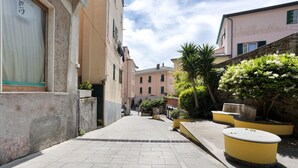 Una estrecha calle urbana con edificios, una acera pavimentada y macetas con plantas.
