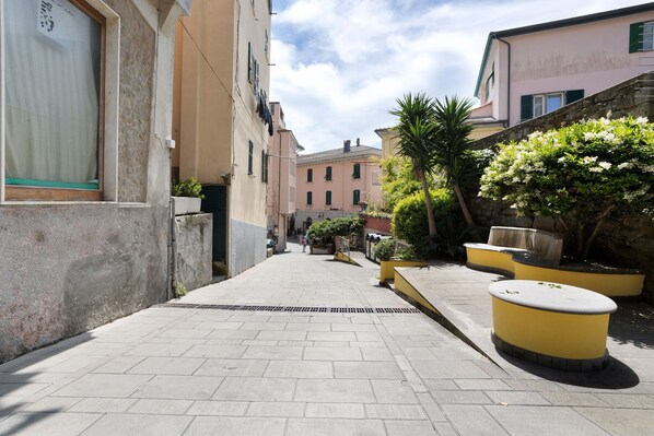 Une rue étroite en milieu urbain, bordée d’immeubles, avec un trottoir pavé et des jardinières remplies de verdure.
