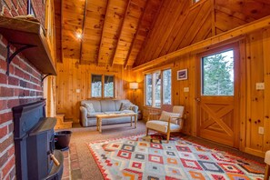 Télévision, cheminée, lecteur de DVD, livres