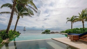 An infinity pool with clear water, surrounded by palm trees and a view of the ocean.