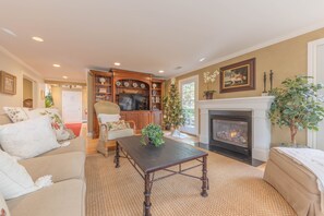 Smart TV, fireplace, books, stereo