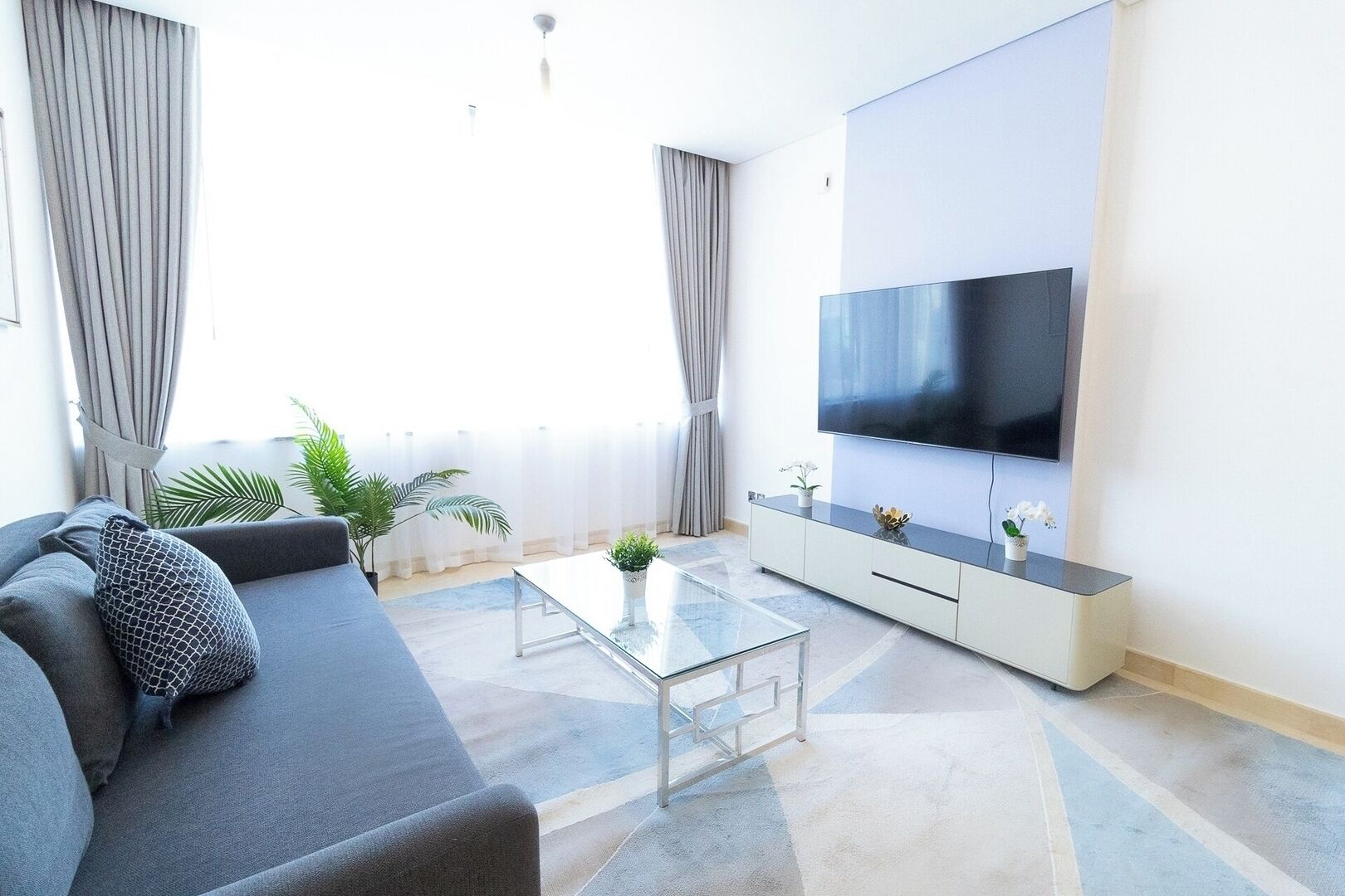 En moderne stue med sofa, sofabord i glas, fjernsyn på hvidt skab og en plante.