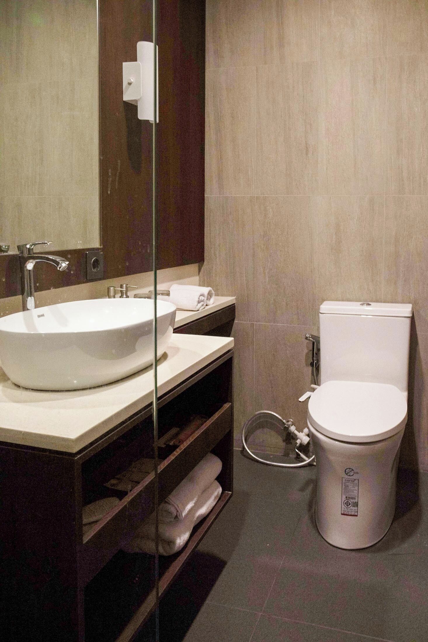 A modern bathroom with a large white sink, a mirror, and a toilet.