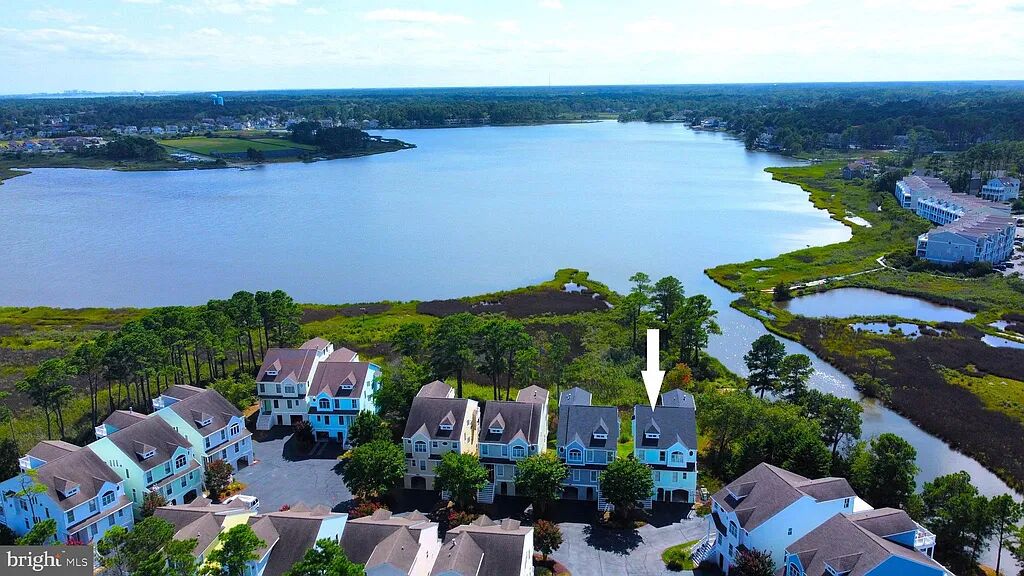 A residential area with houses near a large body of water, surrounded by greenery.