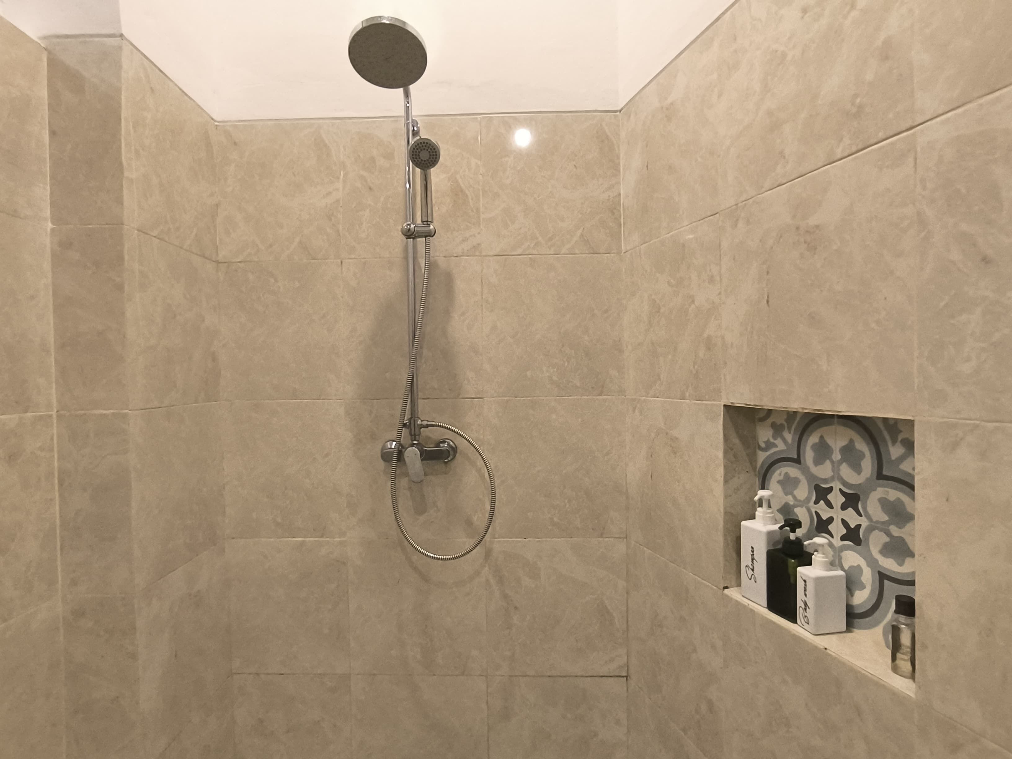 A shower with a handheld showerhead and a wall-mounted control.