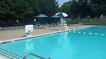 Ein Schwimmbecken mit Metallleiter, Liegestühlen und Sonnenschirmen.