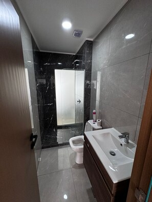 Hair dryer, towels, soap, shampoo