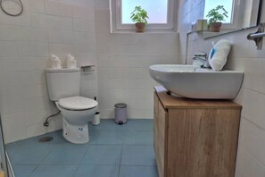 Une salle de bain équipée de toilettes, d’un bidet, d’un lavabo et de deux plantes en pot posées sur le rebord de la fenêtre.