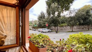 Vista dalla finestra su una strada con un muro in pietra, auto parcheggiate e un segnale stradale rosso.