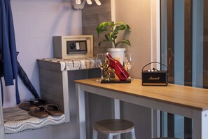 Individually decorated, individually furnished, desk, laptop workspace