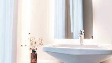 Shower, hair dryer, towels, toilet paper