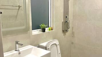 A modern bathroom with a sink, toilet, and shower.