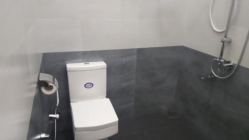 A bathroom with a toilet, a shower, and a wall-mounted toilet paper dispenser.