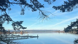 Un lago tranquilo con un muelle que se adentra en el agua, rodeado de árboles frondosos y un cielo azul despejado.