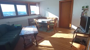 A room with a wooden floor, a sofa, a dining table with chairs, a television on a stand, and a window with a view. - Ground Floor Apartment '2 Rooms' with Outdoor Seating Area (St. Märgen)