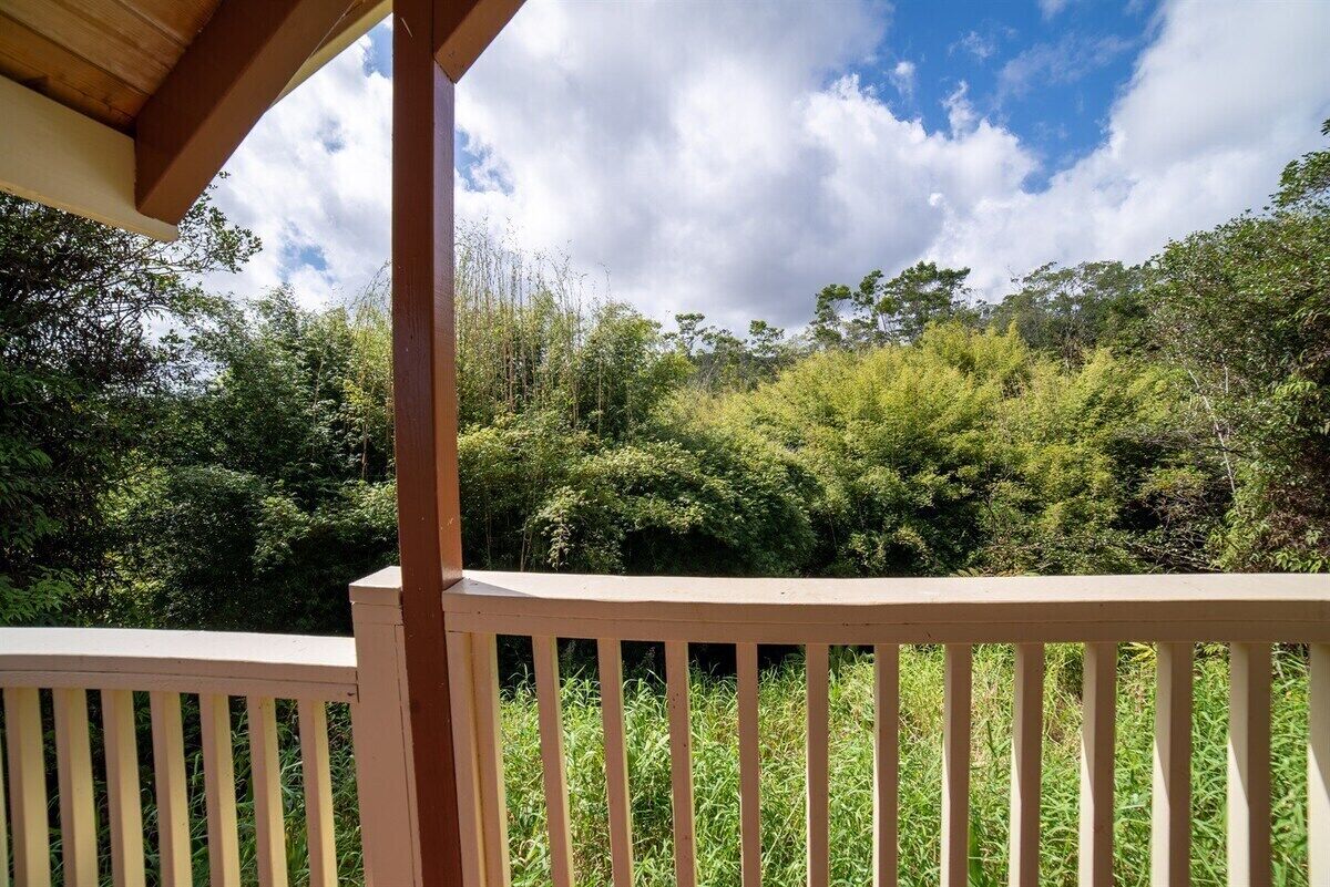 Une terrasse en bois offrant une vue sur un feuillage verdoyant et luxuriant et sur un ciel partiellement nuageux.