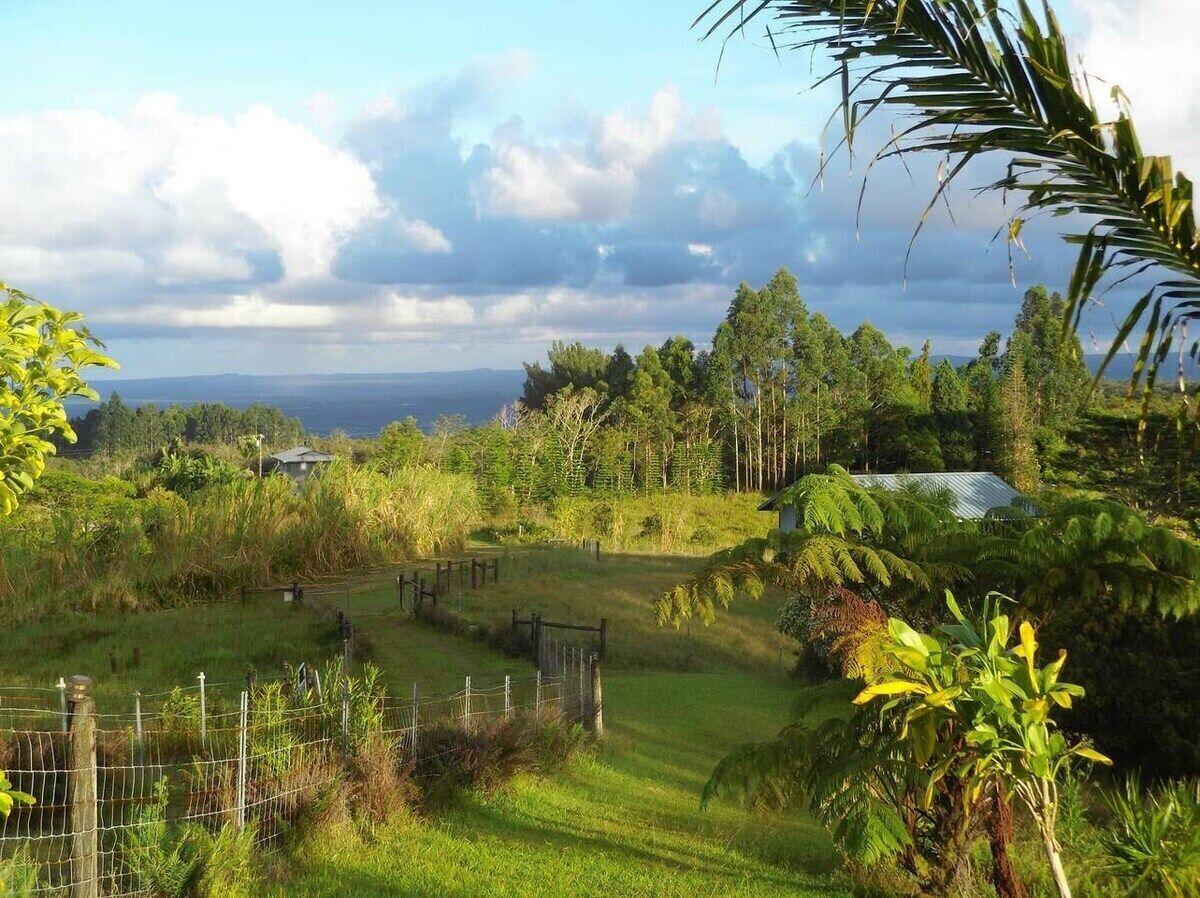 Un paisaje verde exuberante con un área cercada, árboles y una vista distante del océano.