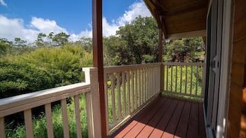 A wooden deck with a railing overlooking a natural landscape.