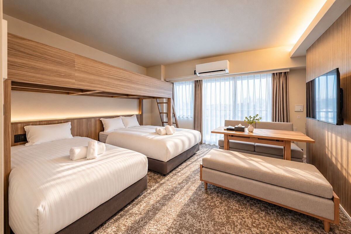 Een hotelkamer met twee bedden, een bureau, een stoel, een airconditioning en een televisie.