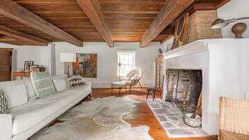 Smart TV, fireplace, books, stereo