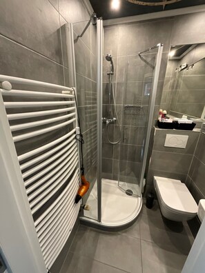 Enjoy a refreshing shower in the bathroom, which features a glass-enclosed shower and a toilet, along with a storage unit for toiletries.