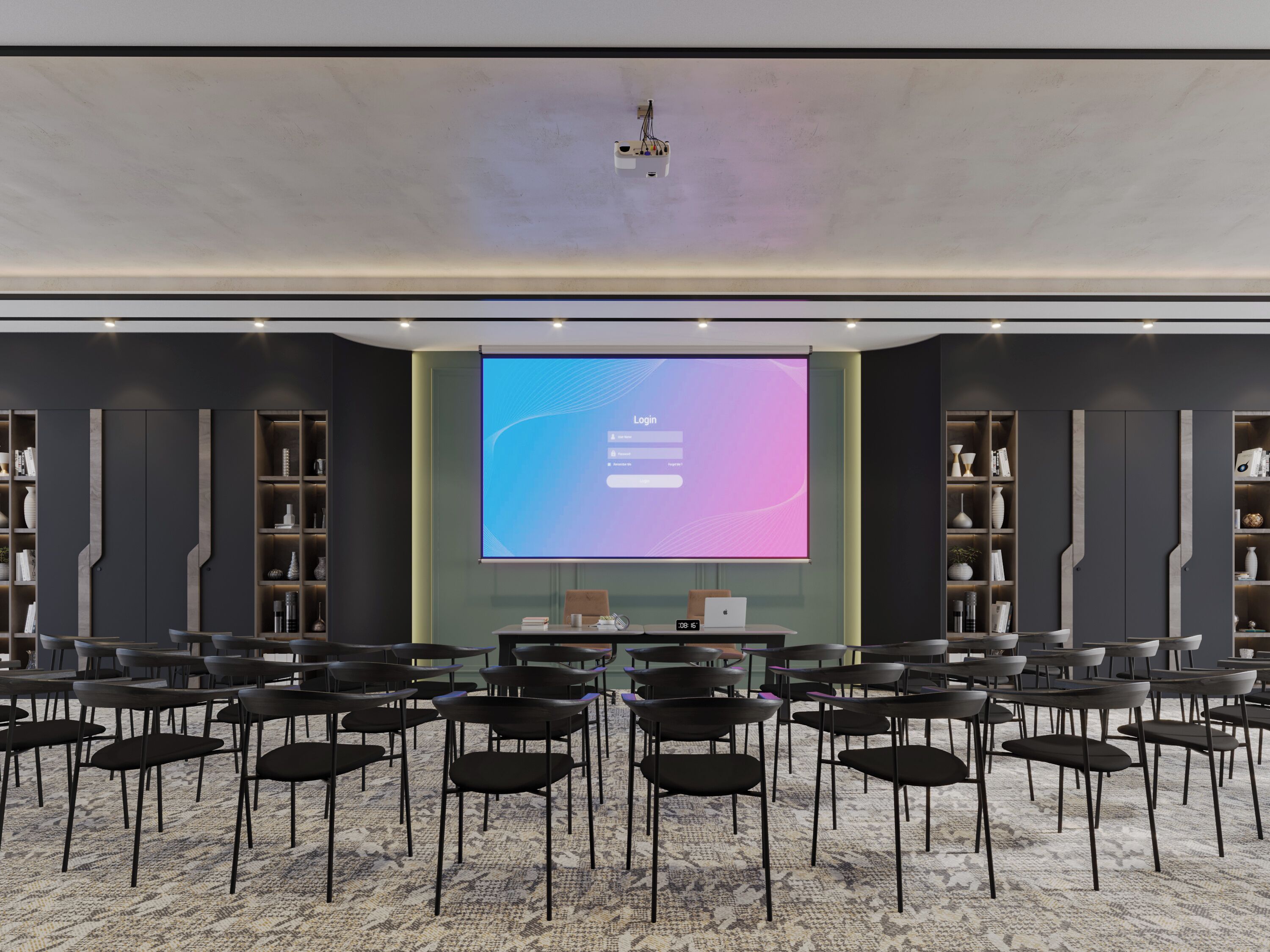 Un salón de conferencias con una pantalla grande mostrando una interfaz de inicio de sesión, filas de sillas y estanterías con diversos objetos.