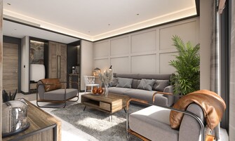 A modern living room with a grey sofa, leather armchairs, a wooden coffee table, and a large plant.