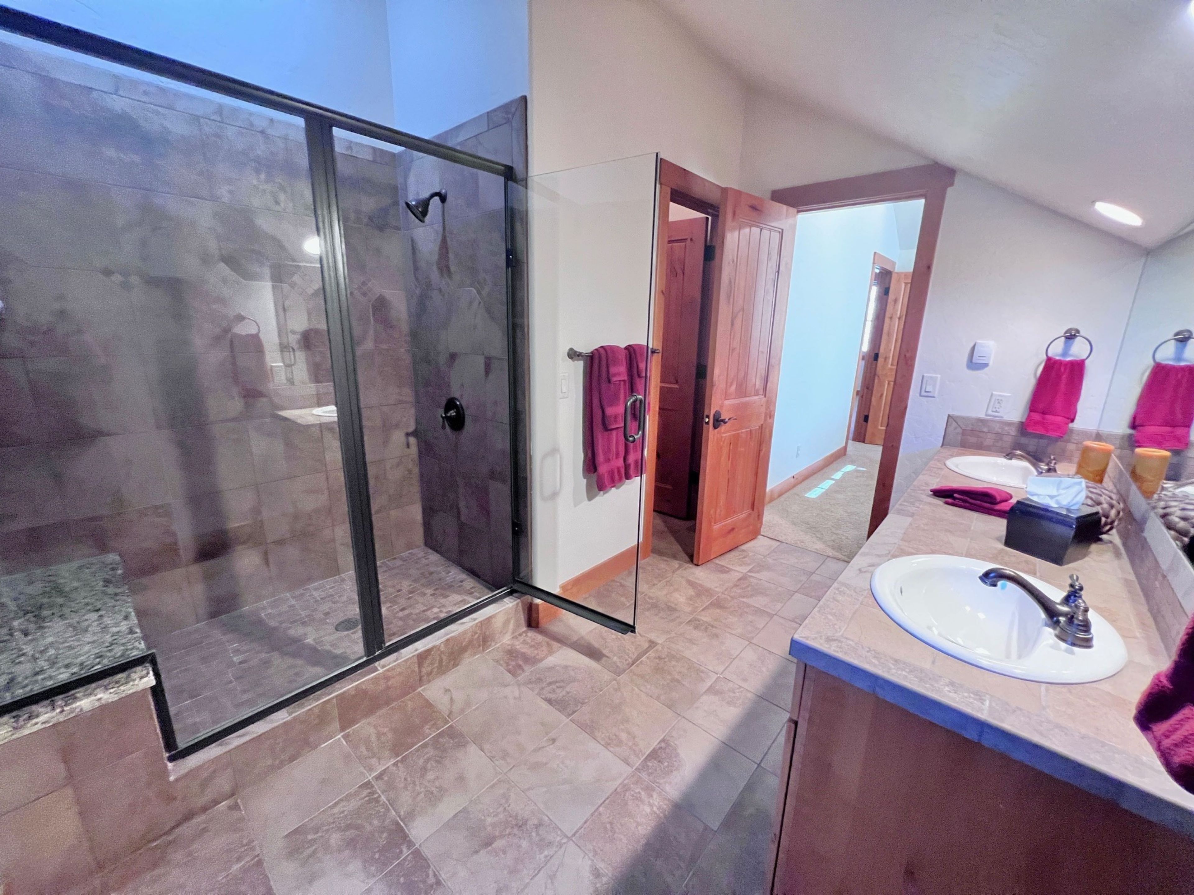 Une salle de bain avec une douche à parois de verre, un lavabo avec un miroir et une porte en bois donnant sur une autre pièce.