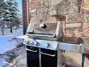 A Genesis portable grill with a stone wall backdrop, set outdoors with snow on the ground.