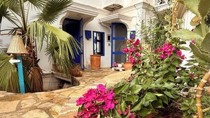 Ein Innenhof mit Steinpflaster, einer Palme und rosa Bougainvillea-Blüten.
