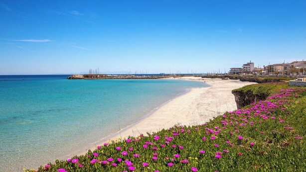 A coastal beach scene with clear turquoise water, a sandy shore, and a row of buildings in the background. - 4204 Villetta Delle More by Barbarhouse (Melendugno)