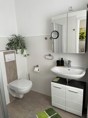 Secador de cabelo, toalhas de banho, sabonete, papel higiênico