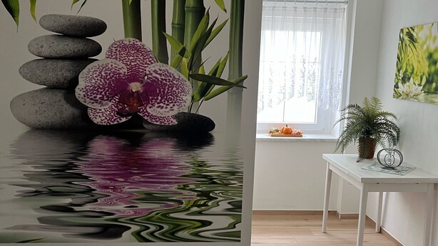 A room with a wall mural of a rock stack and an orchid, a window with a view, and a small table with a plant.
