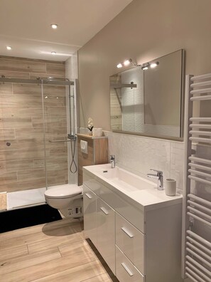 Dusche, Haartrockner, Handtücher, Toilettenpapier